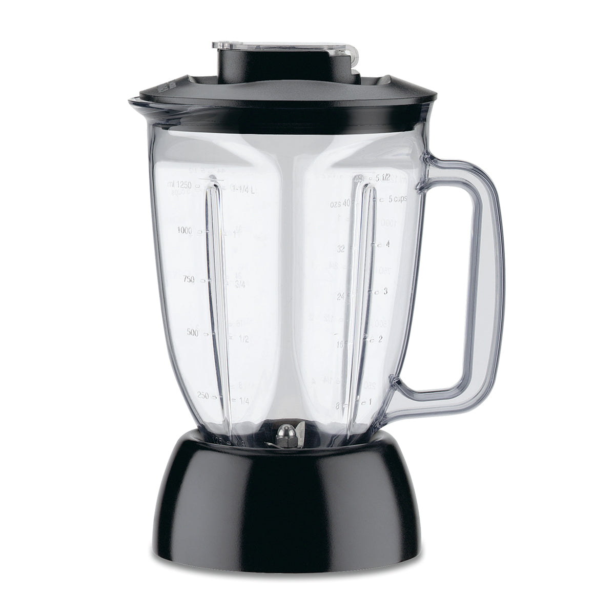A clear polycarbonate blender container with measurement markings, black handle, and matching lid sits on a black Waring blender base. The empty jar and entire blender are shown against a white background.