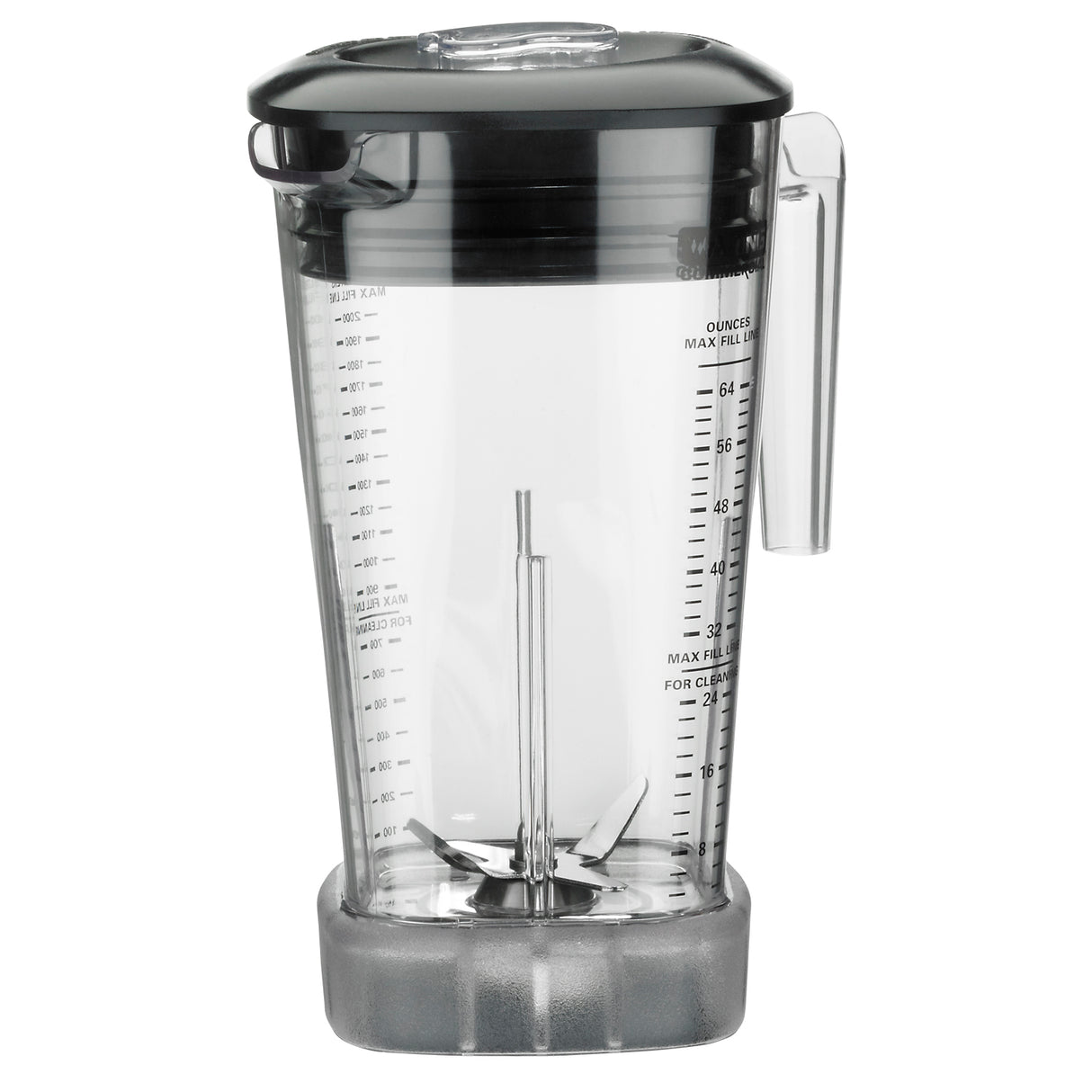 A clear 64 oz blender container from the Xtreme MX series blenders features measurement markings in ounces and milliliters, a black lid, and a sturdy textured base. The Raptor Blender Container has metal blades at the bottom and a convenient right-side handle.