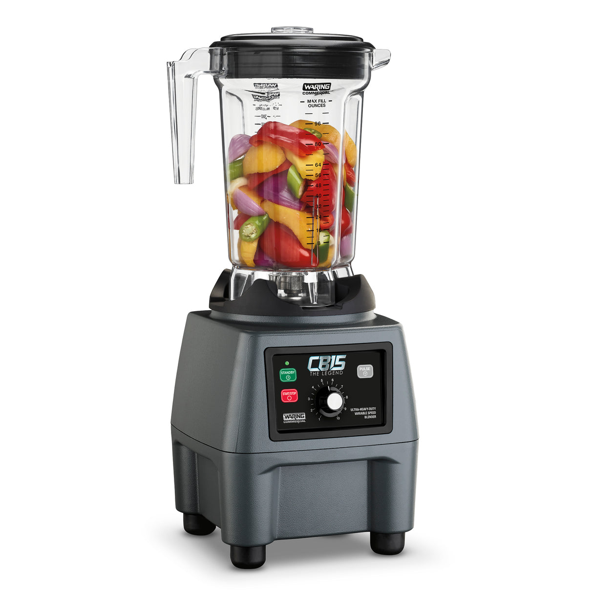 A heavy-duty food blender with a clear 1 gallon pitcher holds colorful mixed vegetables atop a gray base. The base features a control panel with buttons, a dial, indicator lights, and the “CB15” brand label. The black lid has a clear center cap.