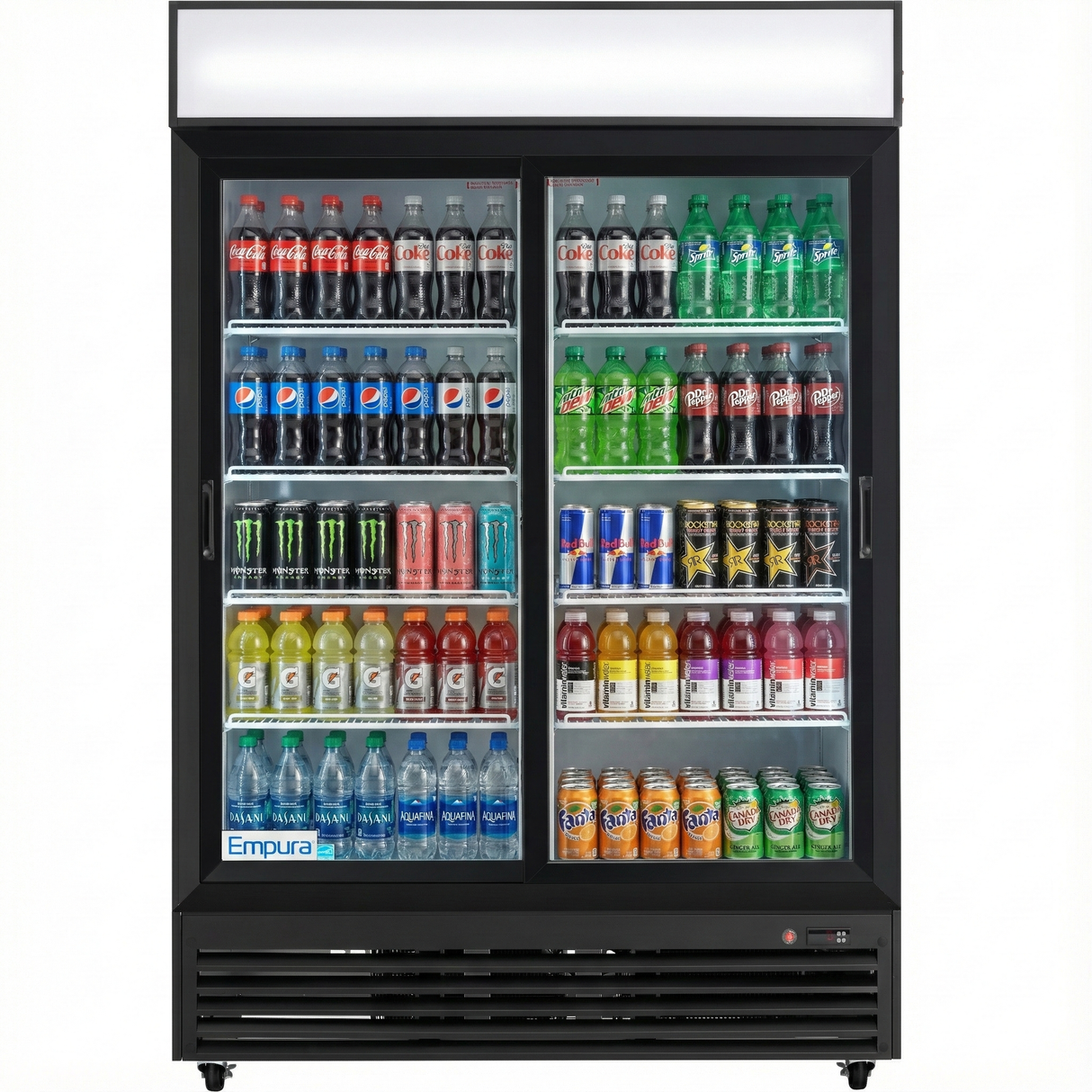 A large-capacity commercial refrigerator displays assorted beverages—sodas, energy drinks, bottled juices, iced teas, and bottled water—neatly arranged on five shelves for an organized and appealing presentation.