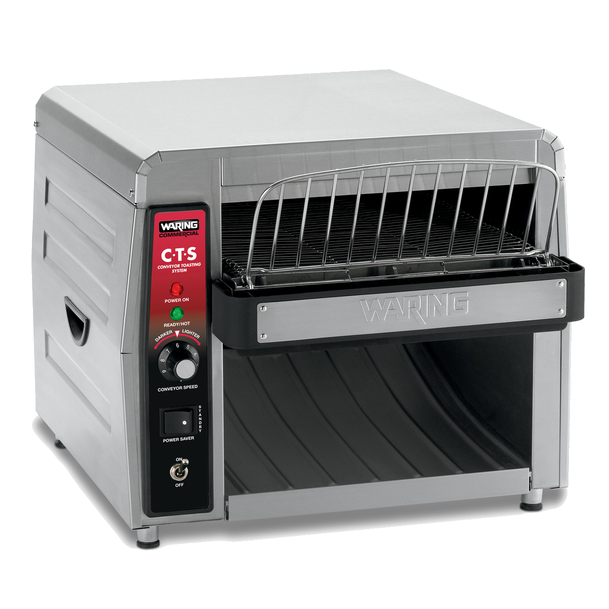 A high capacity stainless steel toaster, this commercial conveyor toaster features a left-side control panel with red and black labels, a green knob, power switch, wire rack on top, and open front slot for easy bread insertion.