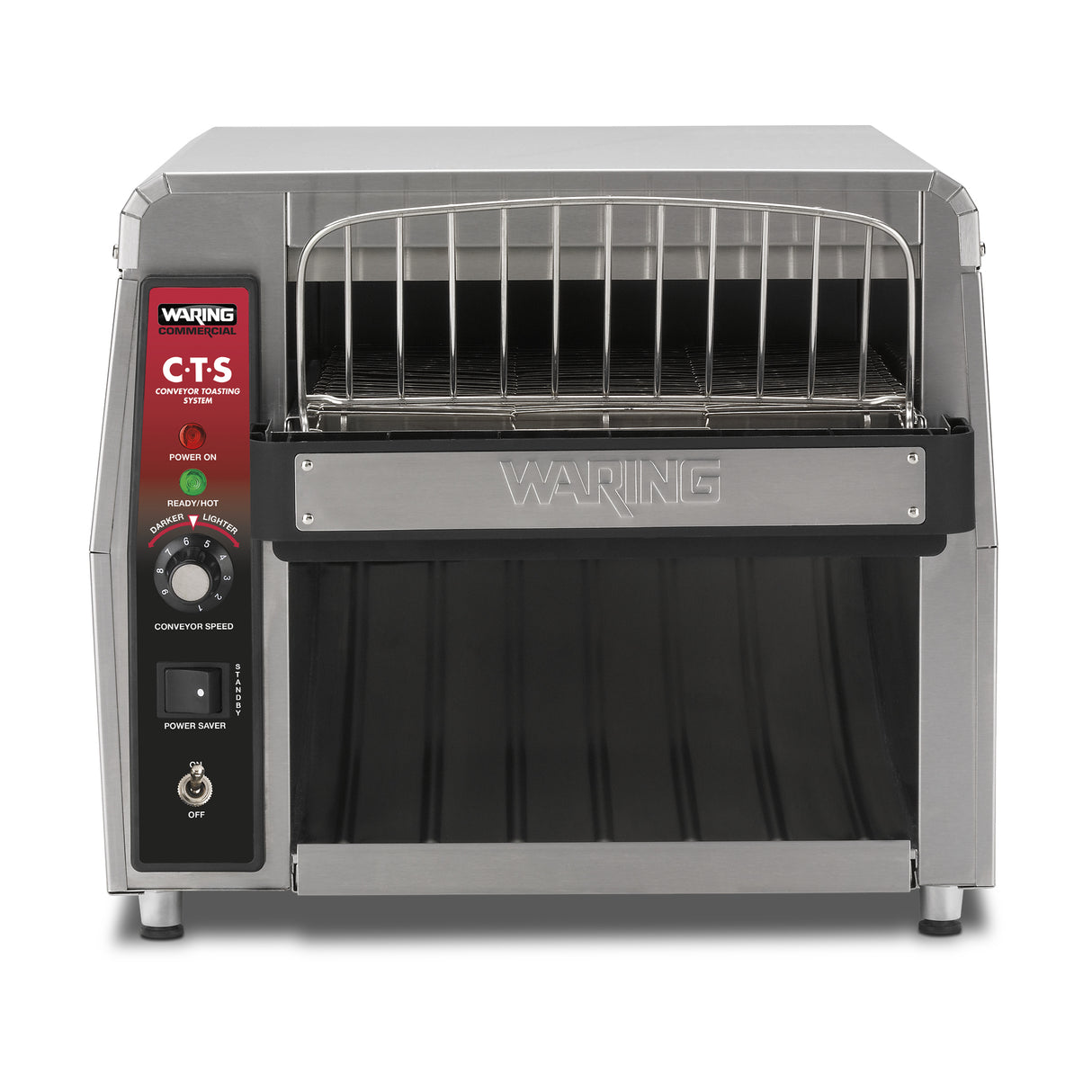 A high capacity commercial conveyor toaster with a stainless steel finish features a left-side control panel with buttons, a speed dial, and indicator lights. It includes a top metal wire rack, wide front opening for bread, and a slanted tray below.
