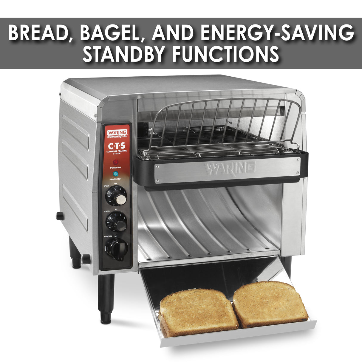 A high volume stainless steel toaster with control knobs and buttons on the left toasts two slices at a time. Above, bold text reads: BREAD, BAGEL, AND ENERGY-SAVING STANDBY FUNCTIONS. Perfect for commercial use.