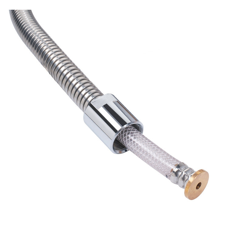 A flexible metal hose with a shiny, coiled exterior, partially unscrewed to reveal an inner layer of braided, transparent plastic tubing and a brass connector at the end—ideal for wall mount or pre-rinse assembly—set against a plain white background.