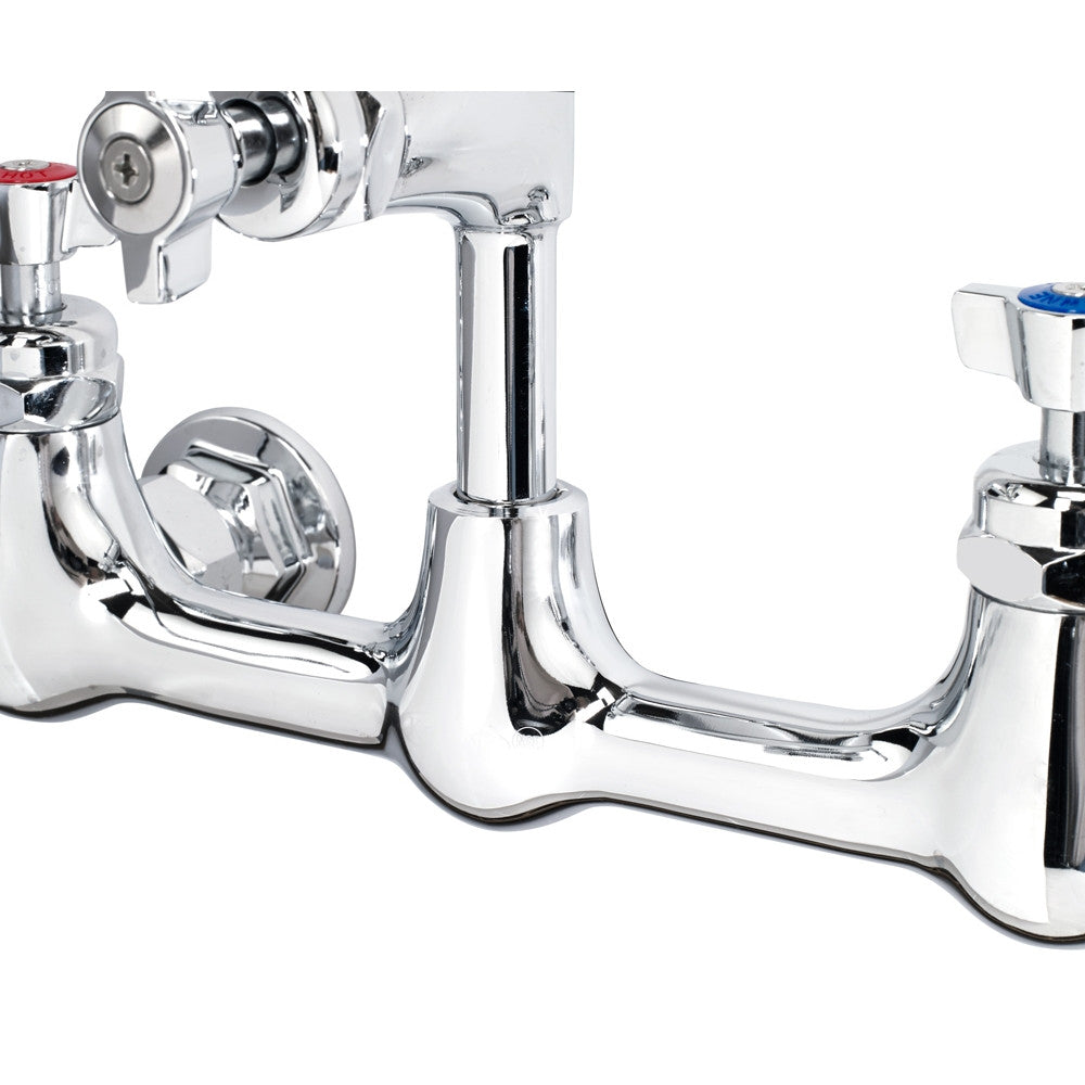 Close-up of a shiny chrome wall mount faucet with two handles; the left has a red marker for hot water, and the right has a blue marker for cold. This sturdy, industrial add-on faucet is perfect for demanding environments.