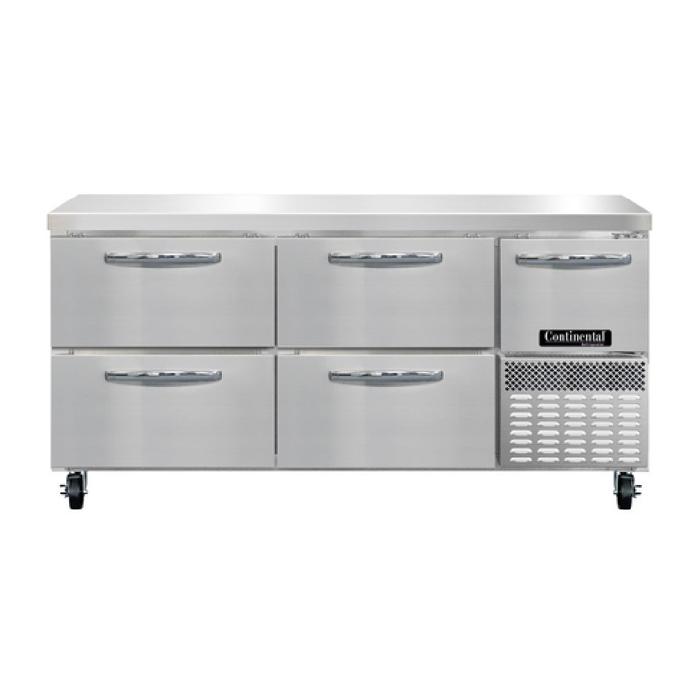 Continental Refrigerator RA68N-D Refrigerated Base Worktop Unit 68"W 300 Series Stainless Steel Flat Work Top