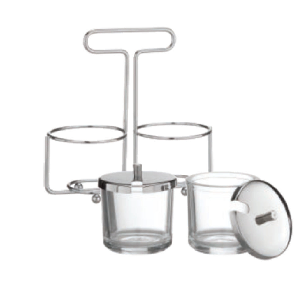 Alegacy Foodservice Products MJ6GR Condiment Jar (2) 6oz. Glass Units With Cover Chrome-plated Wire Rack With Top-loop Carrying Handle
