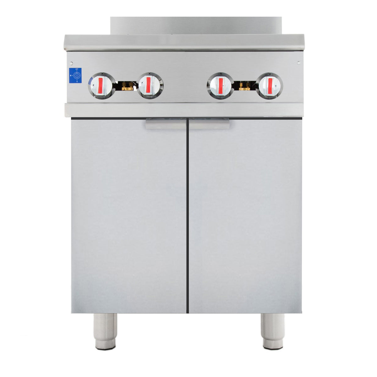 A stainless steel gas range commercial kitchen appliance with four red and white control knobs. Featuring two cabinet doors below and four cylindrical legs, its simple, functional design is ideal for restaurant or industrial kitchens.