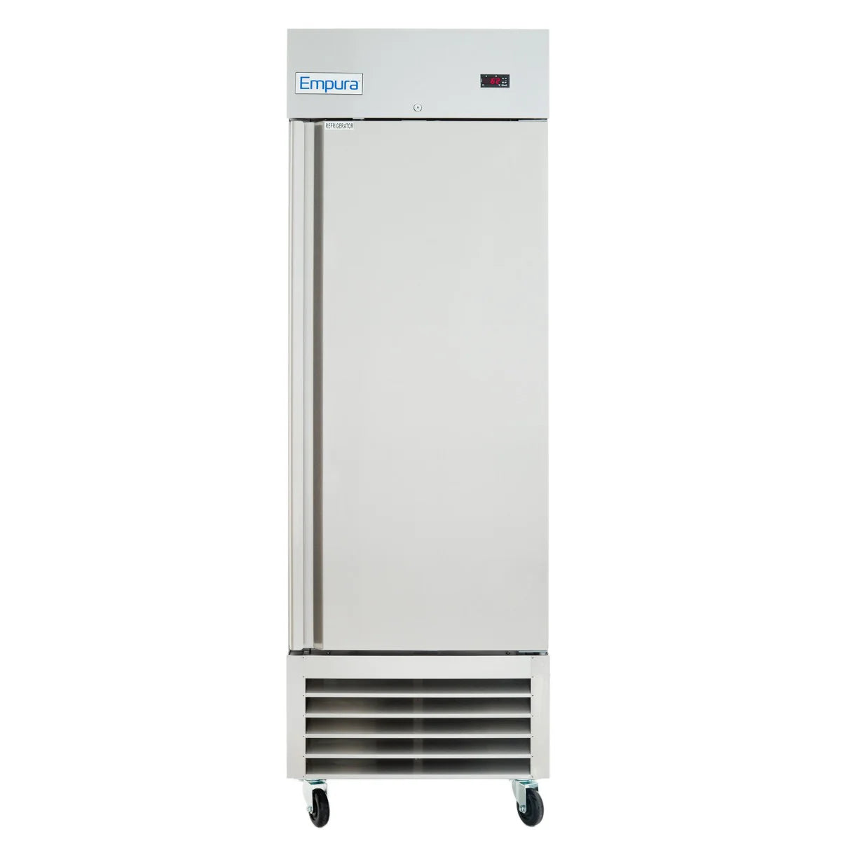 A tall, stainless steel Reach-In Freezer with a single door, digital temperature display, ventilation grilles at the bottom, and four caster wheels. The Empura label is visible at the top left of the unit.