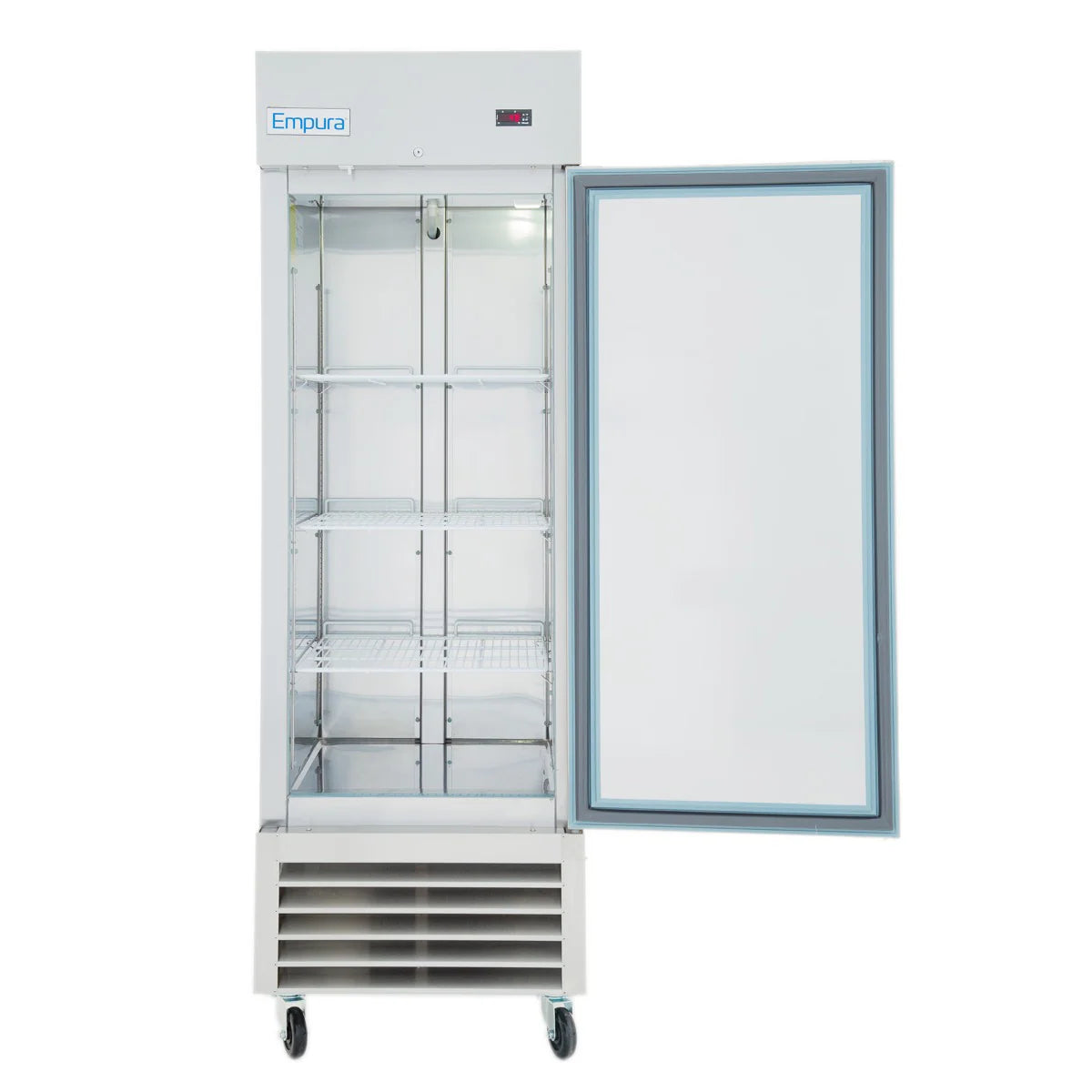 A tall Empura Refrigeration reach-in refrigerator with the brand name on top. The door is open, revealing empty stainless steel shelves inside. The white exterior features a vented section and wheels at the bottom for mobility.