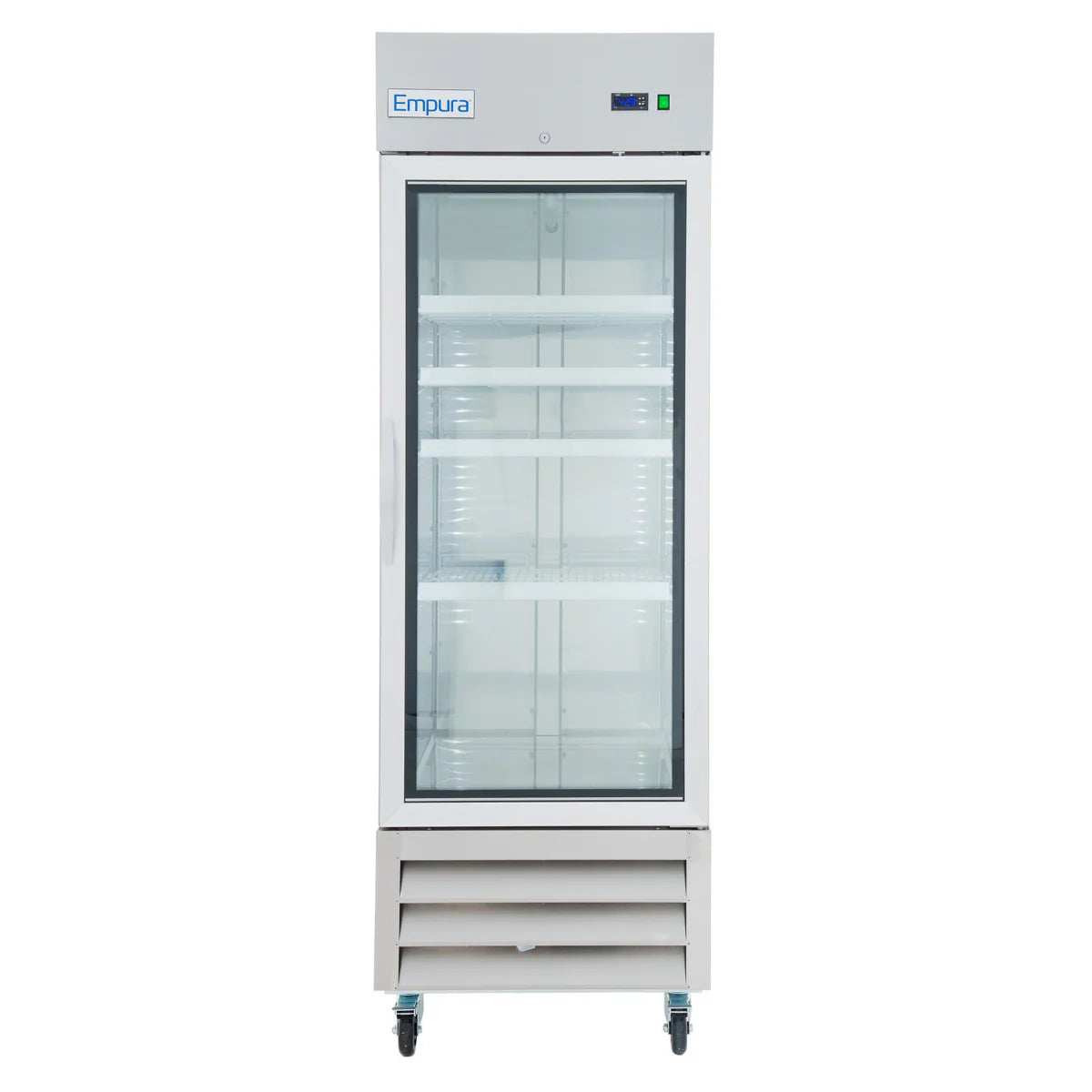 A tall, white commercial refrigerator with a glass door, four interior shelves, and a digital display at the top. This reach-in refrigerator stands on four wheels with Empura branding and features ventilation grilles on the lower section.