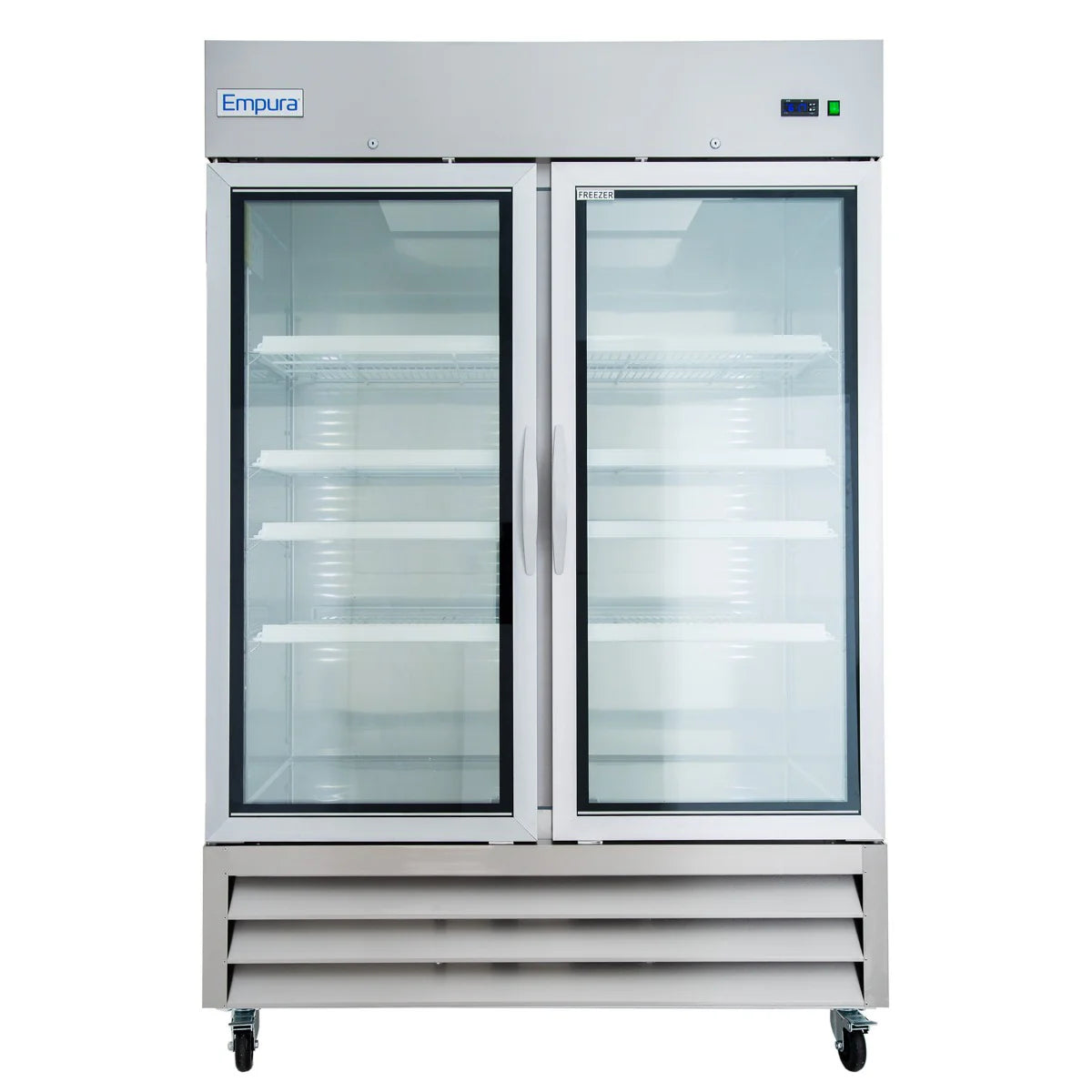 The Empura E-KB54FG is a commercial reach-in freezer with two clear glass doors and vertical handles. It features six adjustable white wire shelves, a vented bottom panel, four wheels, and the blue Empura logo on the upper left.