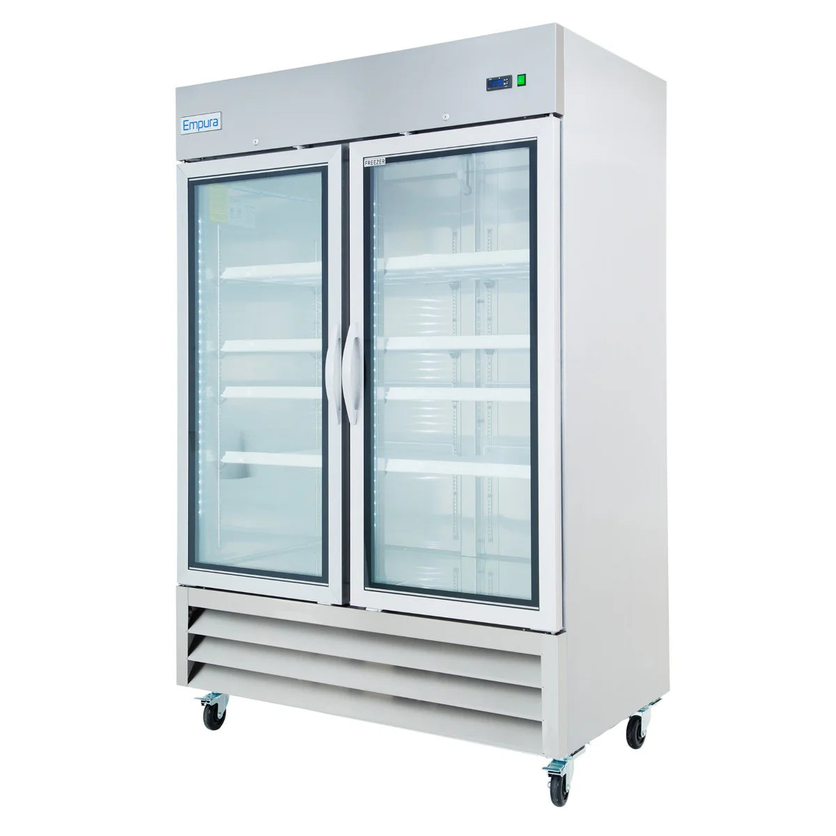A large, stainless steel Empura E-KB54FG commercial reach-in freezer with two clear glass doors, white interior shelves, digital display, and wheels for mobility. The clean unit is well-lit inside and labeled “Empura” at the top left corner.