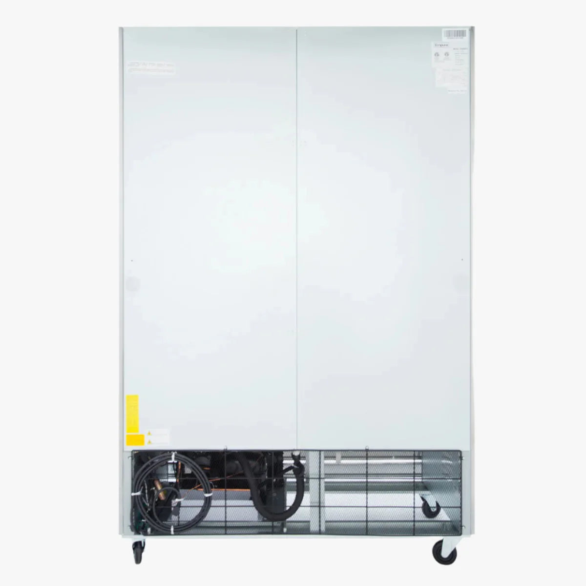 A large, white, double-door Reach-In Refrigerator is shown with a vented section at the bottom exposing mechanical components and wiring. The Commercial Refrigerator has wheels for mobility and visible labels on the upper right and lower left corners.