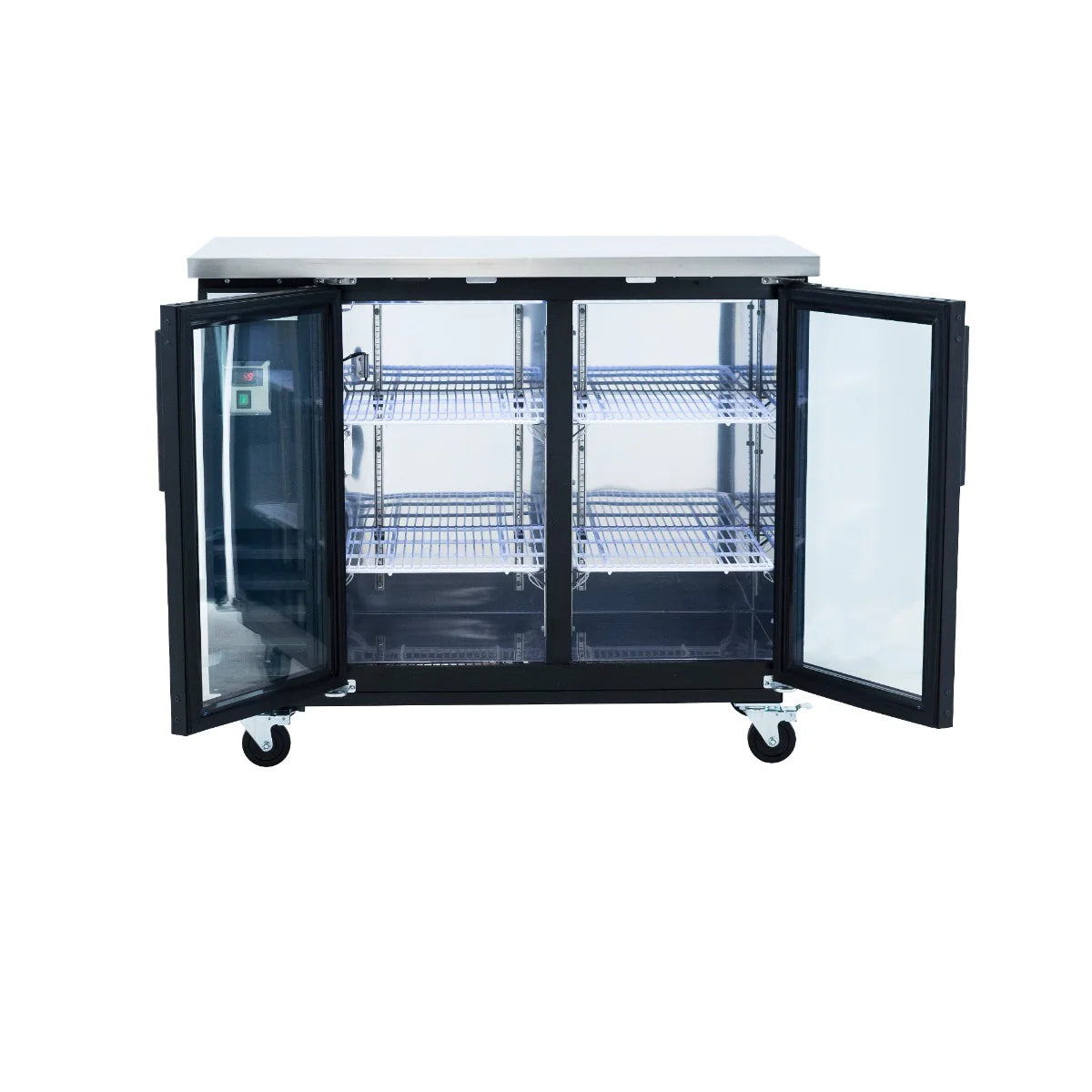 A commercial black and silver Glass Door Cooler with double doors open reveals three metal shelves inside. This Empura Refrigeration unit sits on four caster wheels against a plain white background, its illuminated interior showing empty shelves.