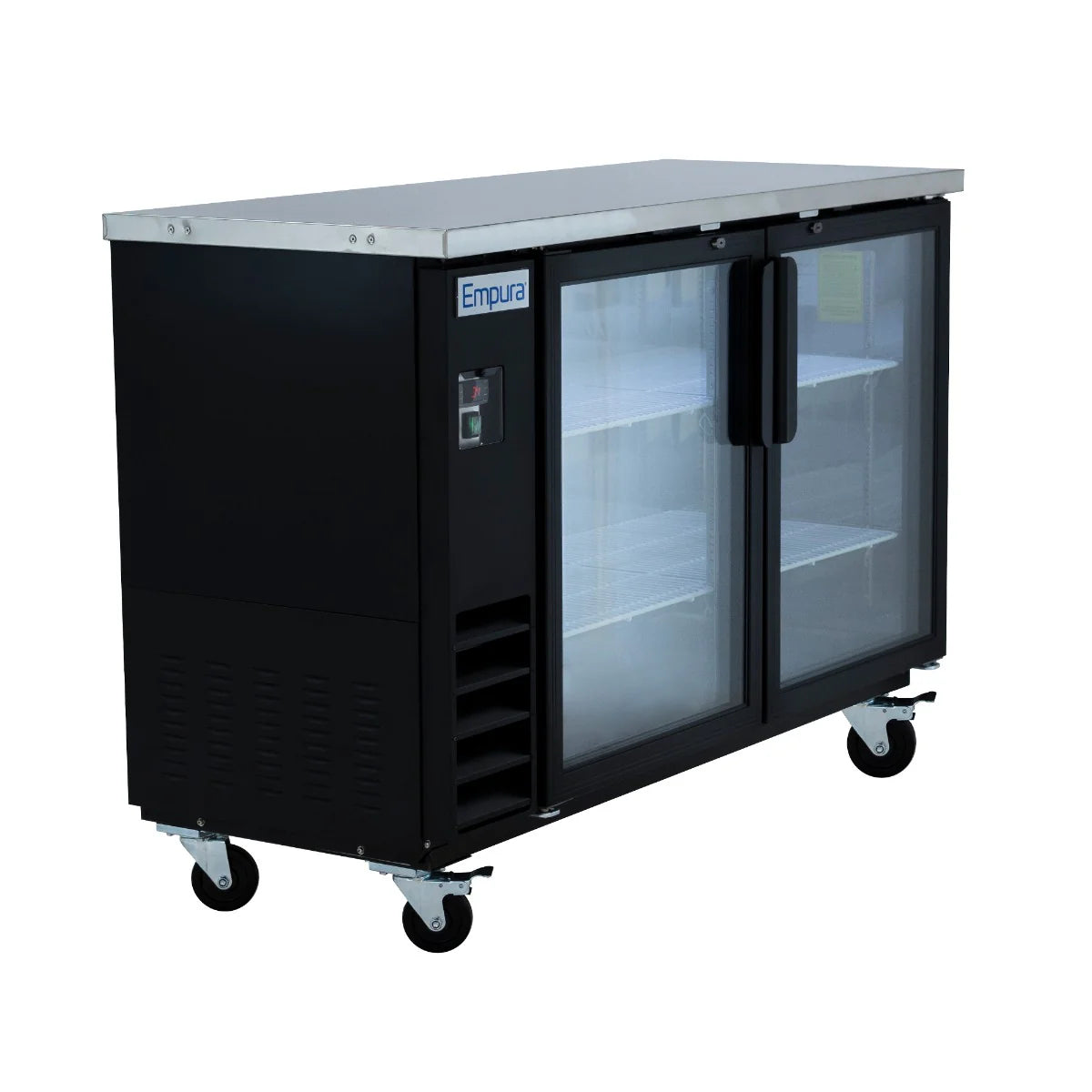 A commercial Back Bar Cooler with a black exterior, two glass doors, and a silver top. It features Empura Refrigeration branding on the upper left, shelves inside, a left-side control panel, and four swivel caster wheels for easy mobility.