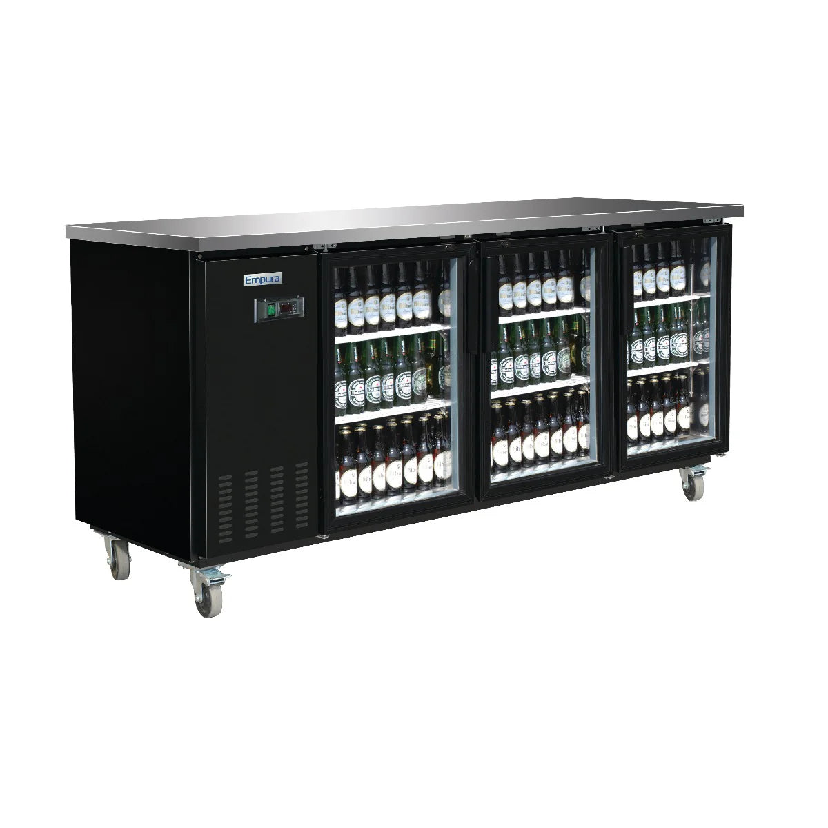 A black Empura Refrigeration Back Bar Cooler with three glass doors and metal handles, displaying shelves stocked with bottled drinks. The fridge is on four caster wheels for mobility and features a digital control panel on the left side.