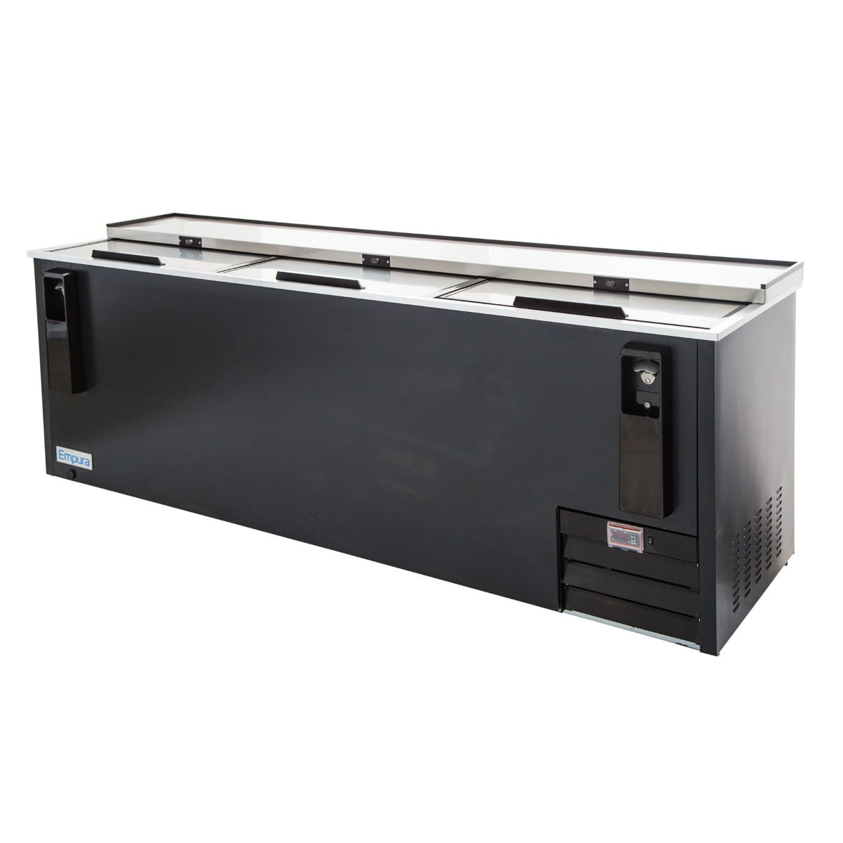 A large, black Empura bottle cooler with 29 cu. ft. capacity, featuring three sliding lids on top, two built-in bottle openers on the front, and a vented refrigeration unit—sleek and ideal for bars or restaurants.