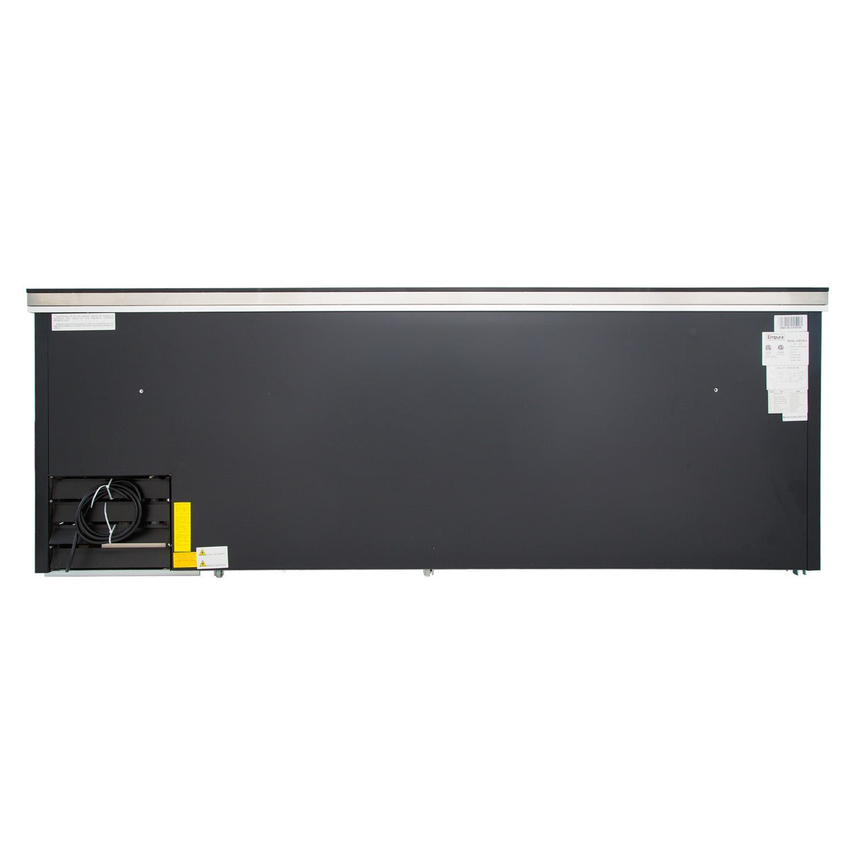The image shows the back view of an Empura refrigeration unit, likely a refrigerator or bottle cooler with 29 cu. ft. capacity. It features a dark metal panel, vent, power cord, yellow label, and several white stickers on the right side.