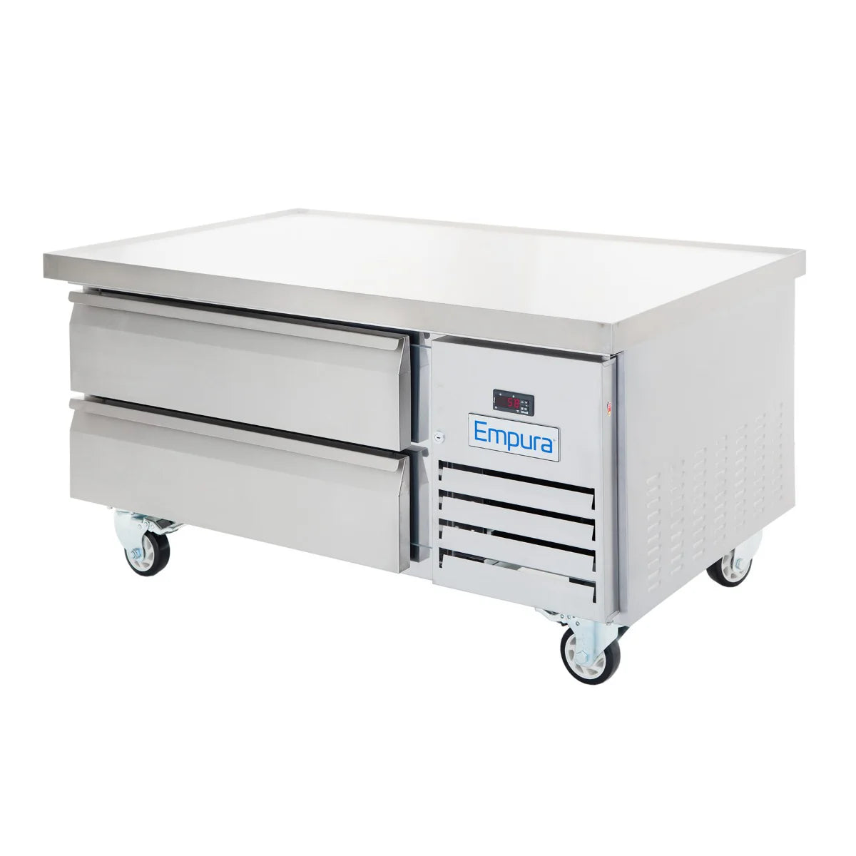 A stainless steel Empura refrigeration unit, this refrigerated equipment stand features two wide drawers on the left, a digital control panel on the right, four caster wheels, and a flat countertop surface—ideal for busy commercial kitchens.