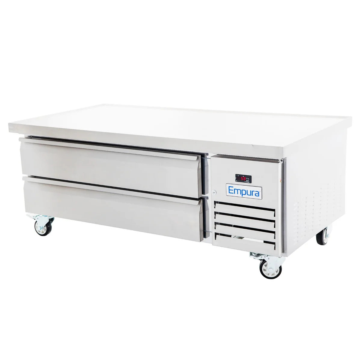 The Empura Refrigeration stainless steel commercial refrigerated worktop table features two pull-out drawers, a digital temperature display, vent slots, and the Empura logo. This refrigerated equipment stand sits on four caster wheels for easy mobility.