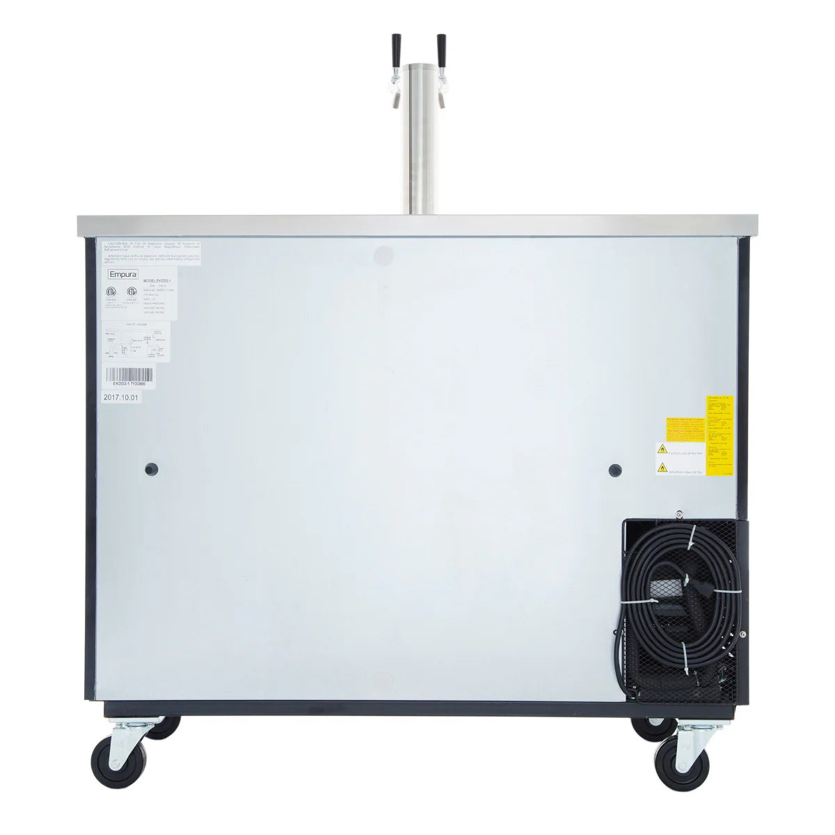 A commercial direct draw kegerator on wheels, viewed from the back. Features include metal paneling, warning labels, a grated ventilation fan in the lower right, a handlebar above, and a vertical dual tap tower on the stainless steel top.