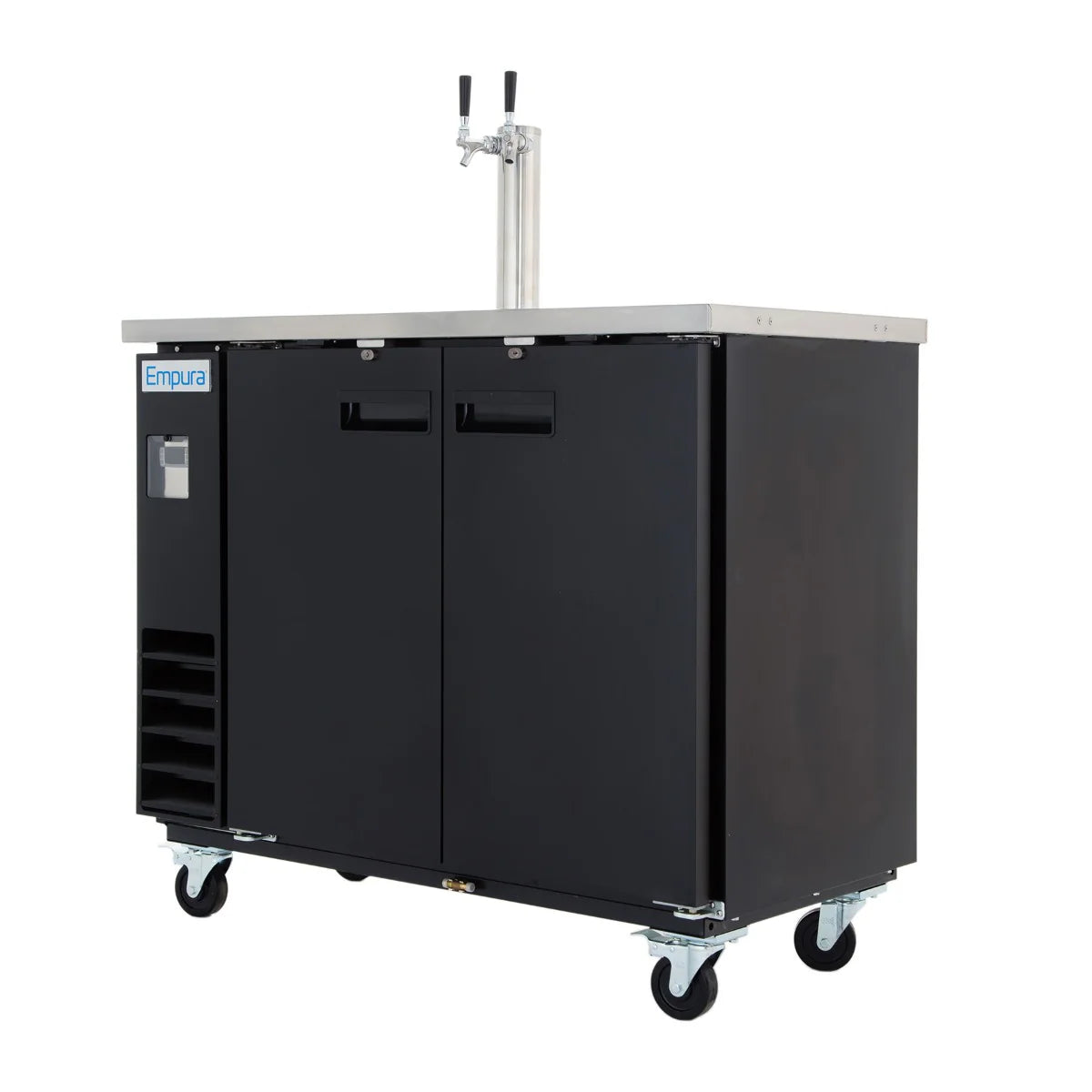 A black commercial direct draw kegerator on wheels with dual tap beer dispenser, stainless steel top, and Empura logo. Featuring two doors and a ventilation panel, it’s perfect for storing and dispensing draft beverages.