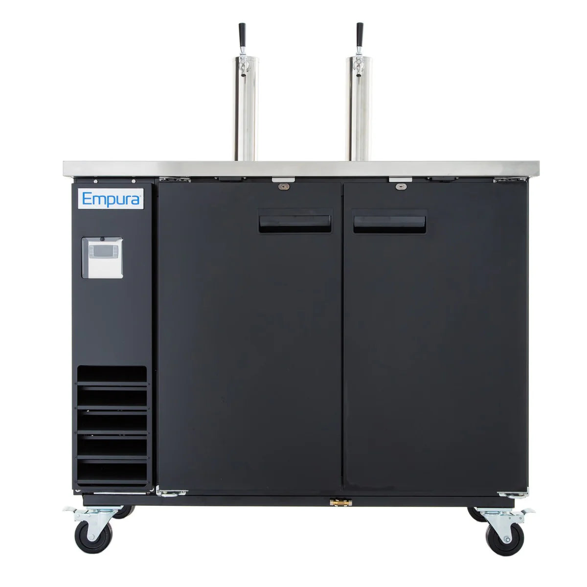 A black, wheeled direct draw beer dispenser with two stainless steel taps on top, two front doors, ventilation grates on the left side, and the Empura logo on the top left corner. The surface is stainless steel.