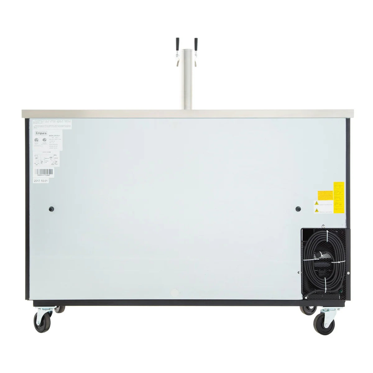 A commercial keg cooler with a flat metal lid, control buttons on top, and caster wheels for mobility. A vent and fan are visible on the lower right, and labels are attached to the left side. Photographed against a white background.