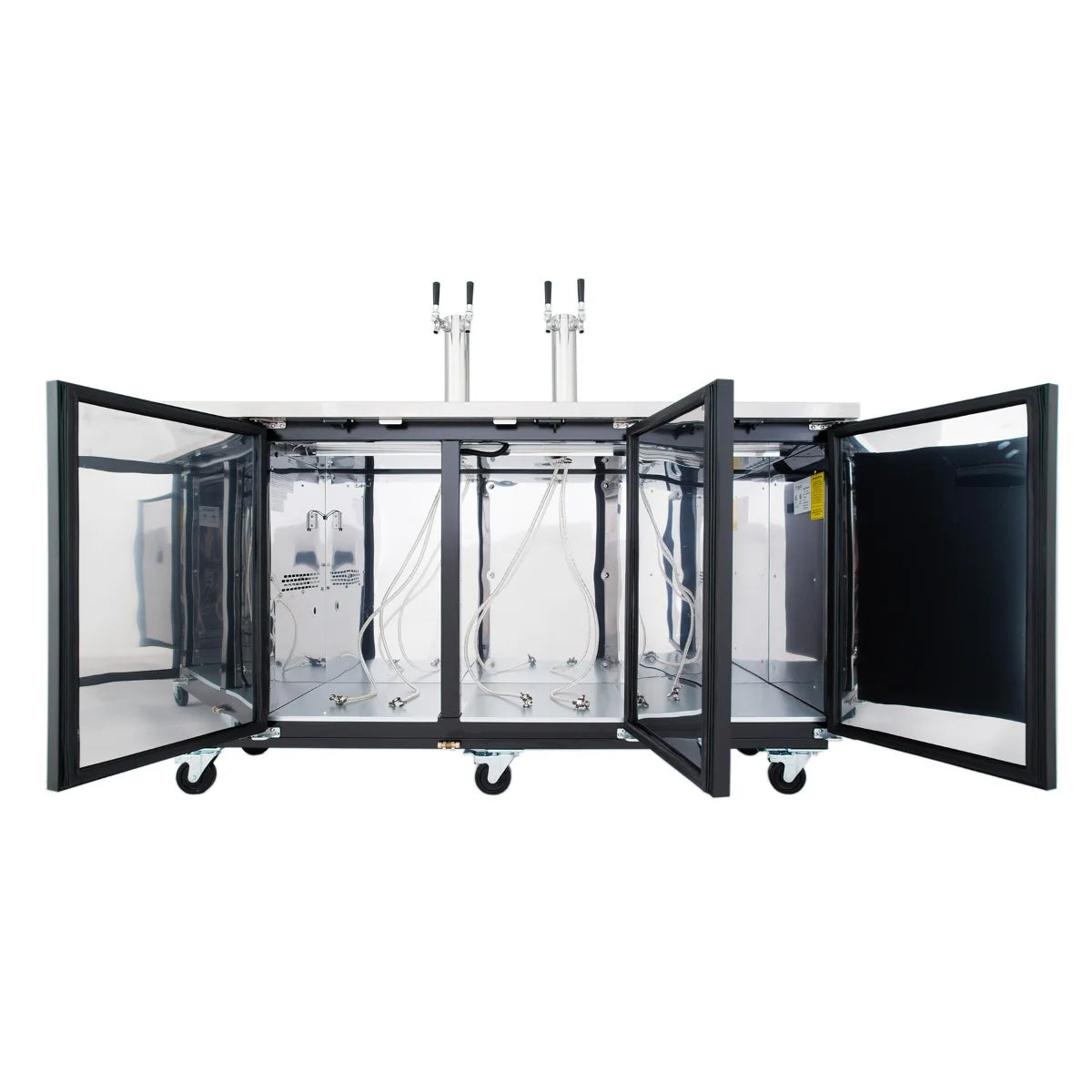 A stainless steel direct draw beer dispenser features four open glass doors revealing pipes, wiring, metal components, and valve controls. This commercial keg cooler includes four caster wheels and two vertical metal handles on the top surface against a plain white background.