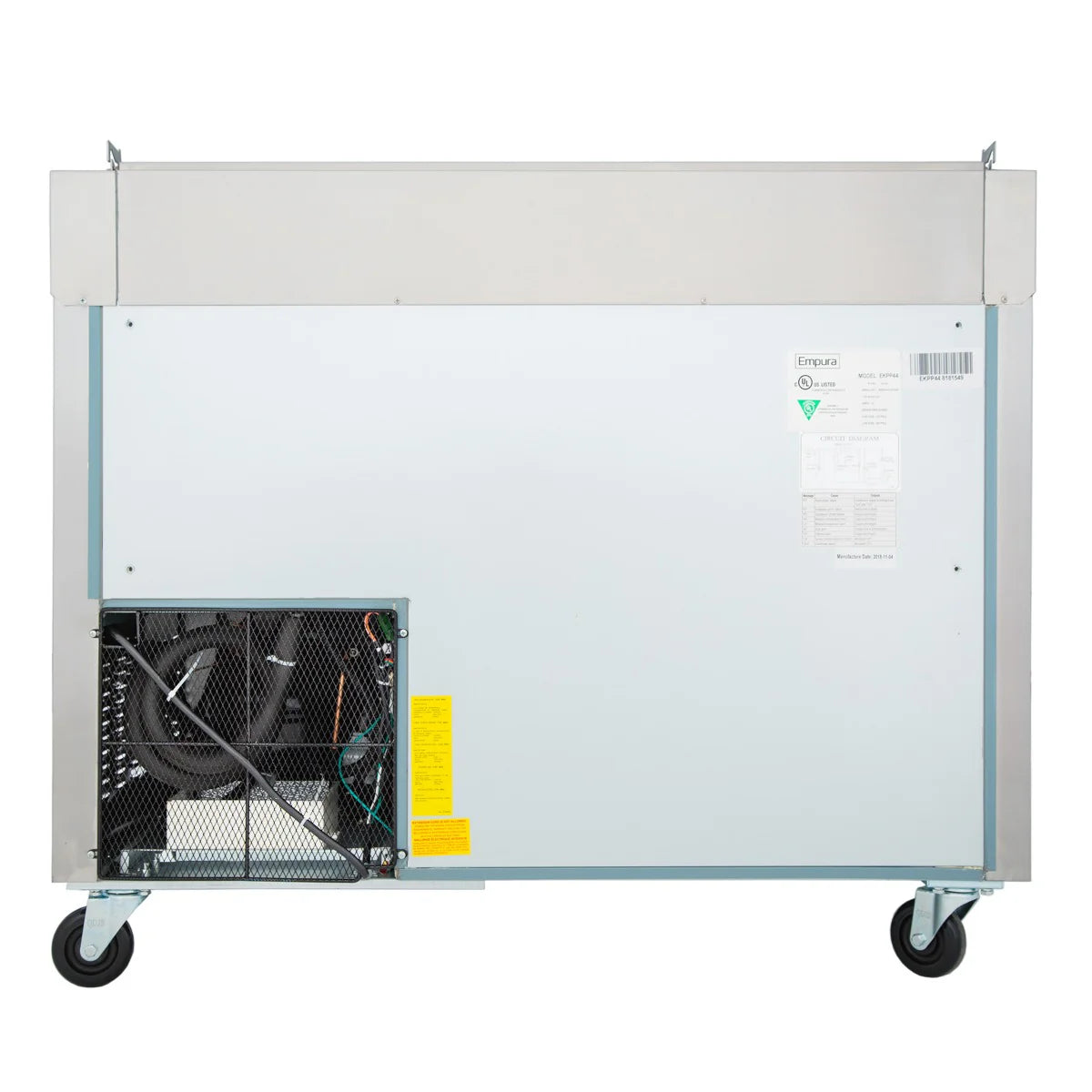 A commercial refrigerator or freezer, such as an Empura Refrigeration Pizza Prep Table, is shown from the back. It features a large stainless steel panel, casters for mobility, a vented section with wiring, and labels near the top right corner.