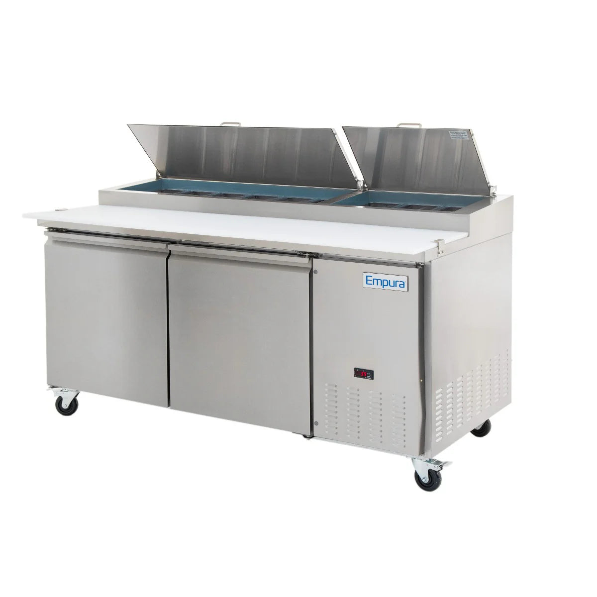 A commercial stainless steel sandwich or pizza prep table by Empura Refrigeration features two open top lids revealing ingredient compartments, two storage doors, a white cutting board surface, digital display, and four caster wheels for mobility.