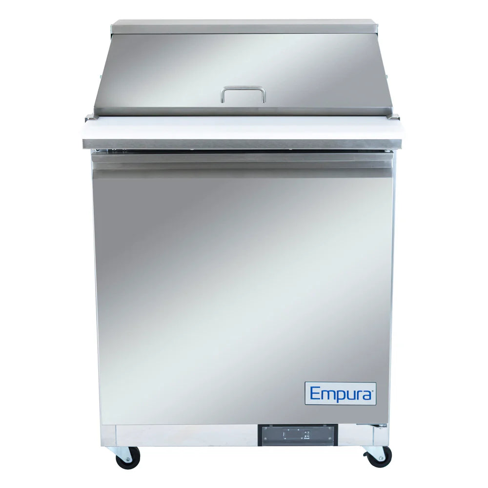 A stainless steel Empura refrigeration unit features a flat top, handle on the lid, four caster wheels, and a digital control panel at the bottom. This refrigerated sandwich prep table displays the Empura brand on the lower right corner.