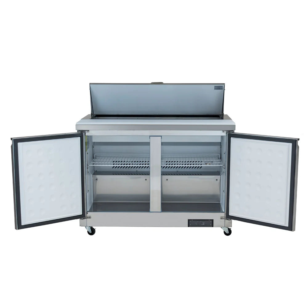 A stainless steel refrigerated sandwich prep table by Empura Refrigeration with both doors open, revealing empty shelves inside. The top lid is also open, exposing a prep area. The unit has four wheels for mobility and a digital control panel at the bottom right.