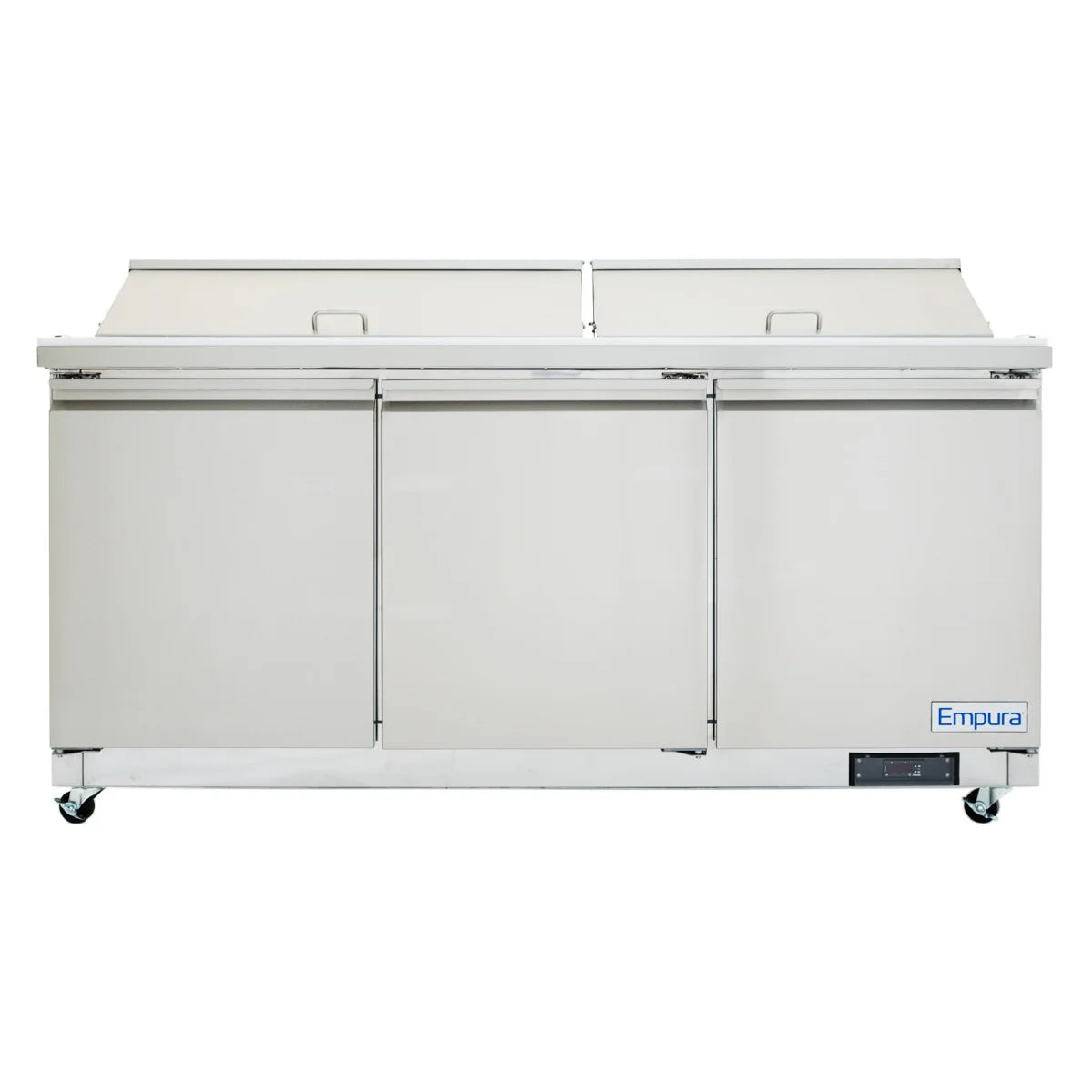 A large commercial refrigerated sandwich prep table with three doors, two top flip-up lids, and four wheels. The rectangular unit features a flat front and displays the Empura logo on the bottom right corner.