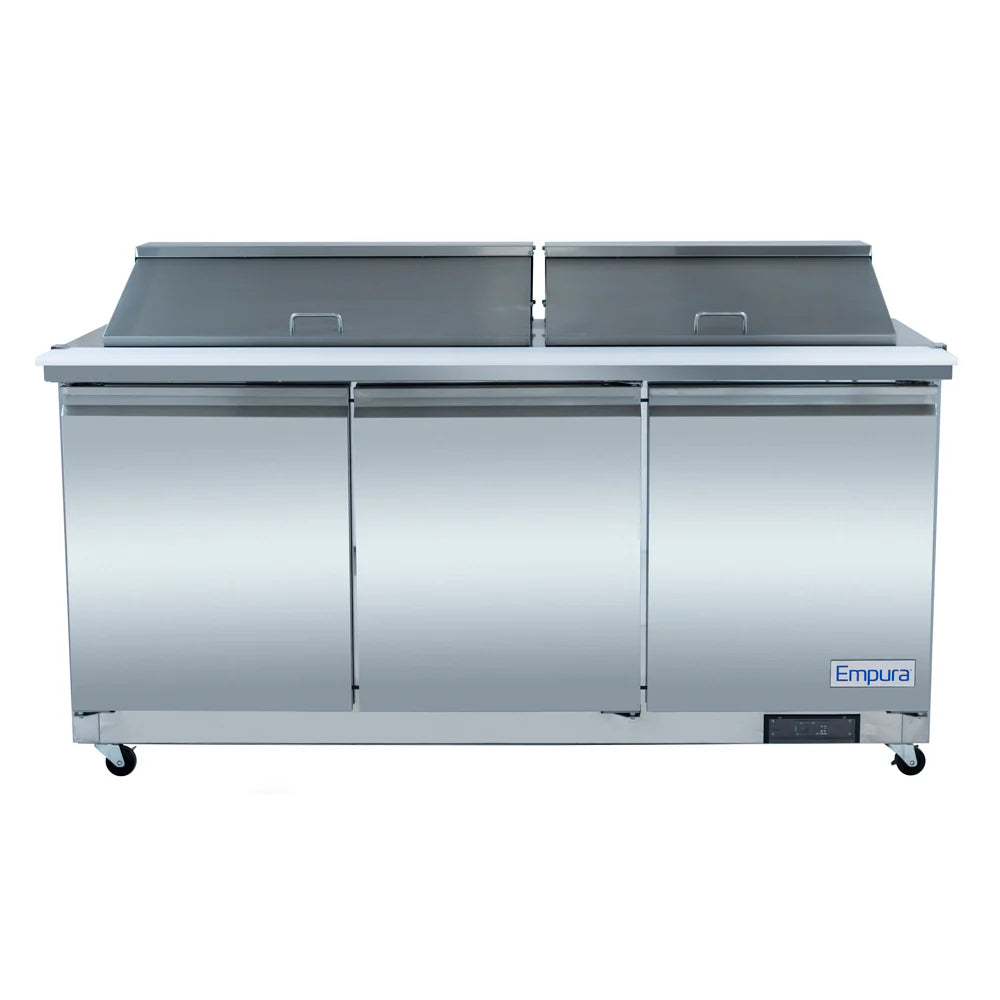 A commercial refrigerated sandwich prep table by Empura, featuring a stainless steel design with two lift-up lids, three storage doors, digital display on the lower right, and wheels for easy mobility—ideal for efficient commercial refrigeration.