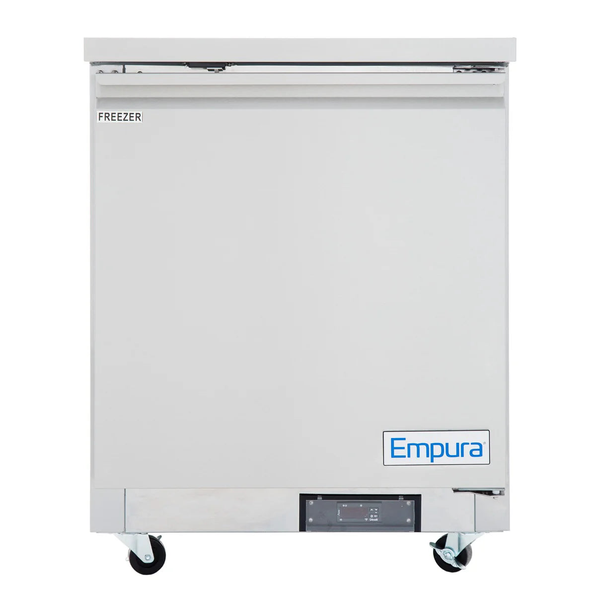 A commercial Empura Freezer on wheels with a white exterior, top handle, FREEZER label on the top left, digital control panel at the bottom, and Empura branding in blue on the lower right—a versatile Undercounter Reach-In Freezer for any workspace.