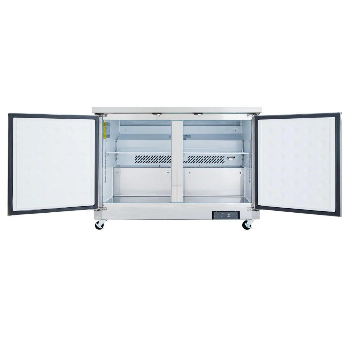 A commercial stainless steel Empura E-KUC48F undercounter reach-in freezer with two open doors revealing an empty interior, metal shelves, and a cooling vent at the back. The appliance stands on caster wheels, with control buttons on the lower front panel.
