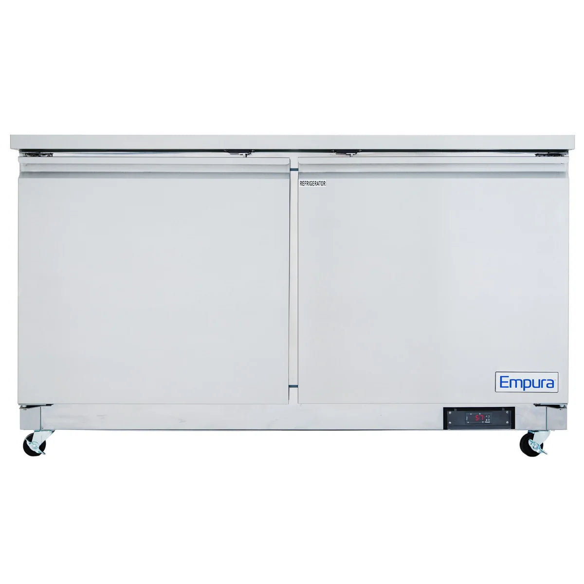 A commercial stainless steel undercounter reach-in freezer on wheels with two doors and a flat top. The Empura Refrigeration brand name is on the lower right, alongside a digital control panel, giving the unit a clean, modern appearance.