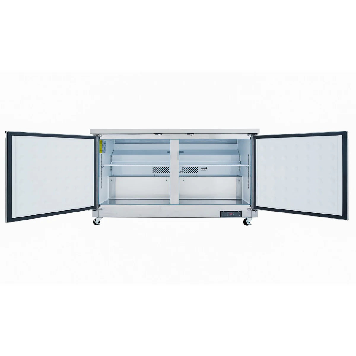 A stainless steel Empura Refrigeration commercial freezer with two hinged doors open, revealing empty interior shelves. The unit is on four caster wheels, and a digital control panel is visible on the lower right corner. The inside is clean and spacious.