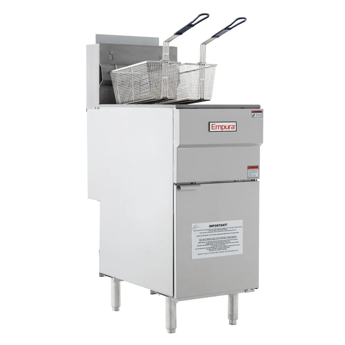 A silver Empura commercial gas fryer with a 50lb capacity features two metal basket handles, a front control panel, warning labels, and stands on four legs. The baskets rest above the oil tank, with the empty fryer ready for use.