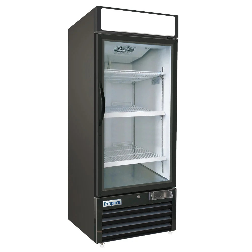 A black, upright commercial freezer merchandiser with a glass door, interior light, three metal wire shelves, and a vented bottom panel. The brand name Empura appears on the lower front. The fridge is empty and the interior is white.