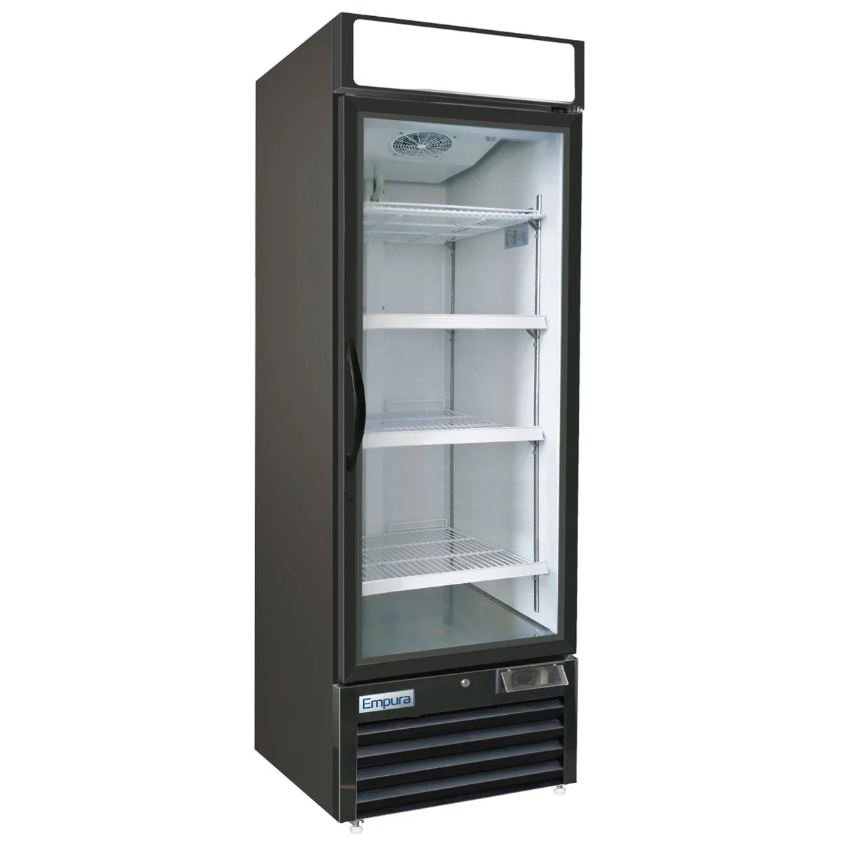 A tall, single-door glass door freezer with a clear front displays four empty wire shelves inside. The black commercial freezer features a white display panel on top, a vent at the bottom, and the Empura brand name near the lower right corner.