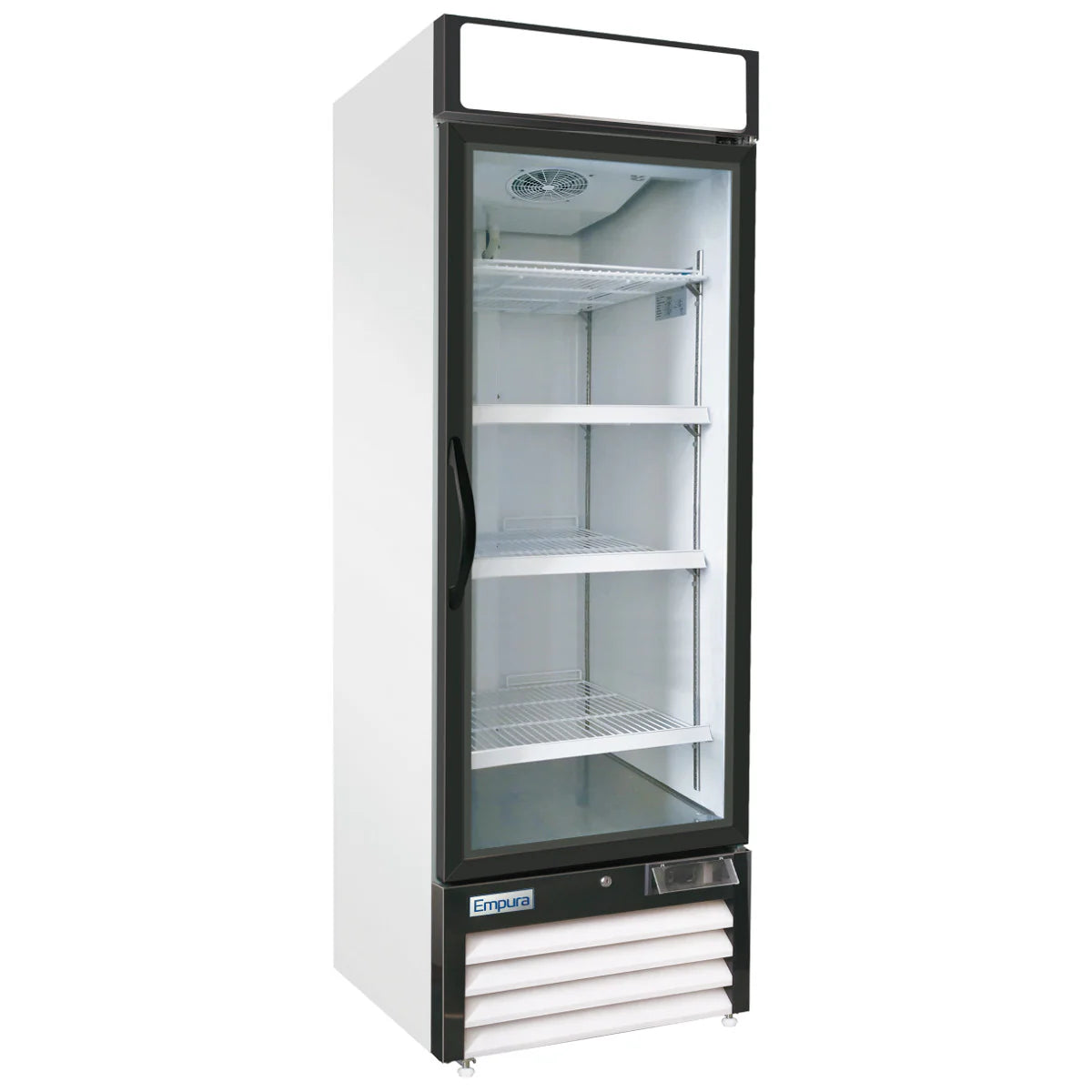 A tall, upright Empura Refrigeration freezer merchandiser with a glass front door, black trim, and white sides. It features four adjustable wire shelves, a bottom vent, and a blank sign panel for branding. The interior is spotless and empty.