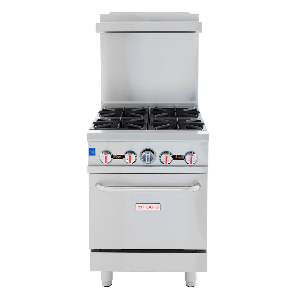 A commercial stainless steel range with four black burners, four front control knobs, a liquid propane oven below with handle, a backsplash, and the Empura brand name on the door, shown against a white background.