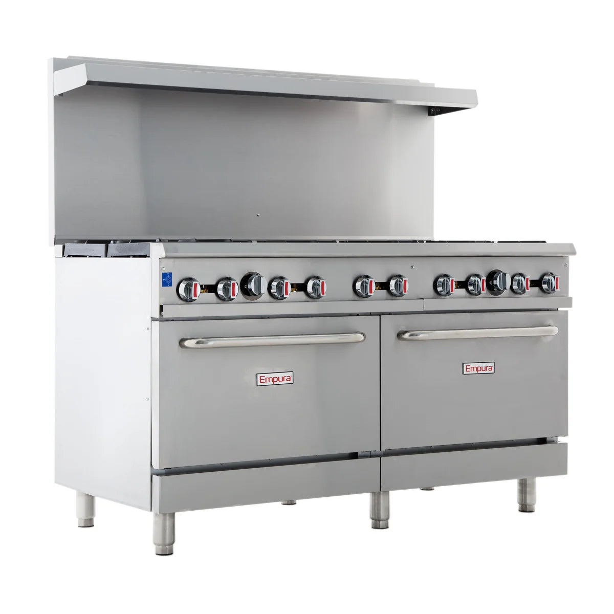 A large Empura commercial kitchen range features eight stovetop burners, a liquid propane oven with two ovens below, control knobs above each oven, and a backsplash with a high shelf. The brand name is displayed on both oven doors.