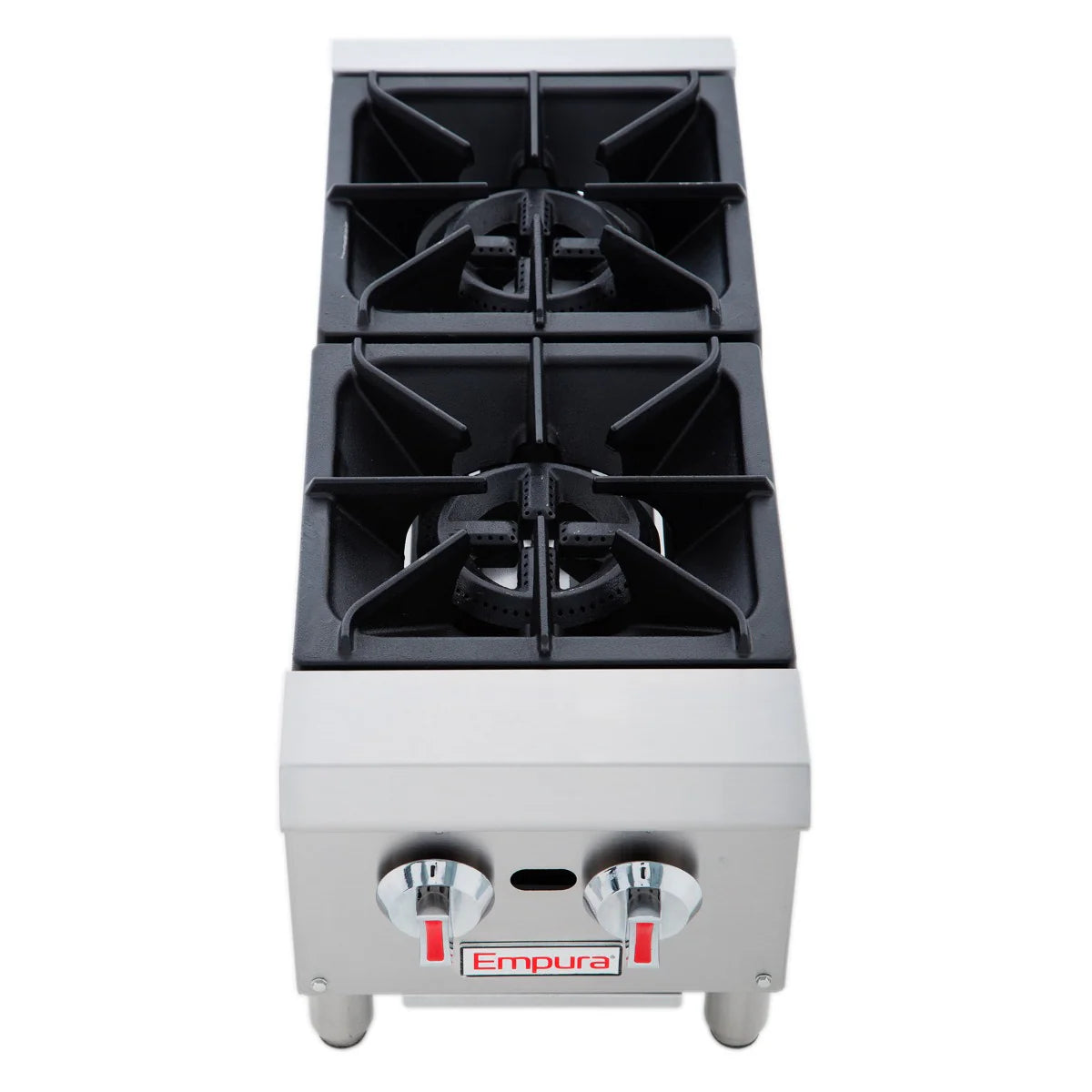 The Empura EHP-2 is a stainless steel, two-burner commercial gas hot plate with black cast iron grates, two control knobs with red accents, and the Empura brand name centered below. This countertop hot plate stands on four short legs.