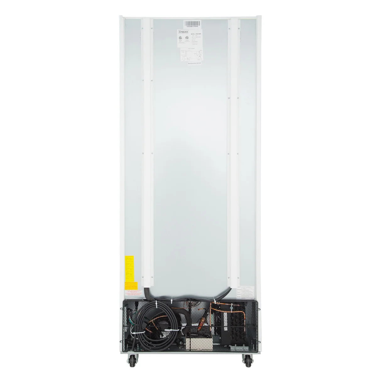 Rear view of an Empura Freezer showing a plain metal back panel, two vertical white strips, manufacturer label at the top, exposed cooling coils, compressor, electrical wiring, and ventilation grilles at the bottom—all supported by small wheels.
