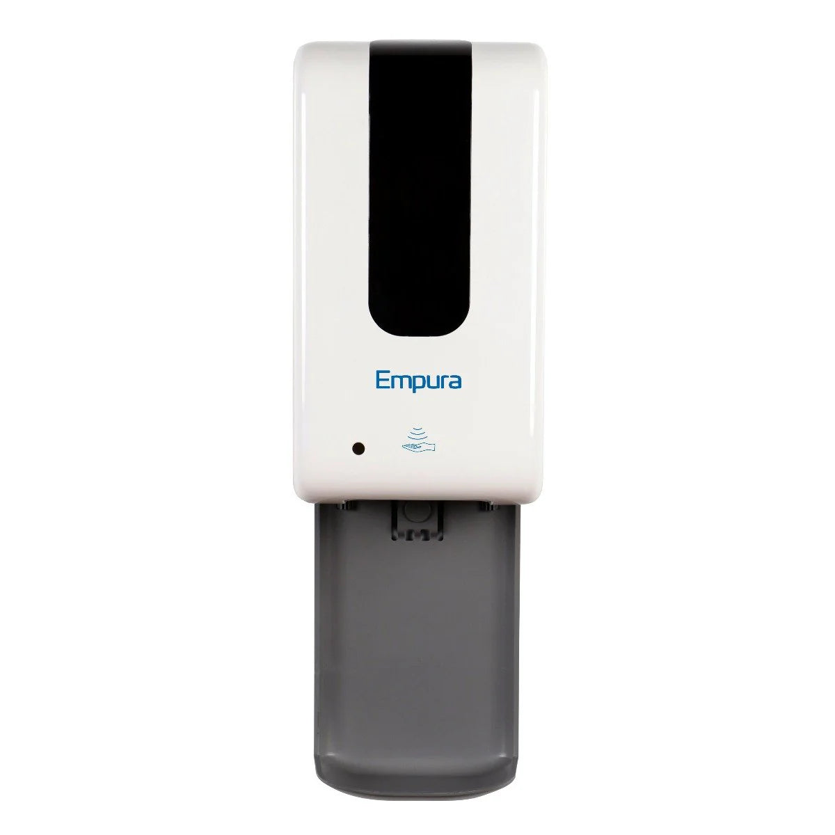 A white Empura Gel Sanitizer Station with a touchless wall mount features a black sensor area, gray drip tray, and blue branding above the blue sensor icon. Its clean, modern design stands out against a plain white background.