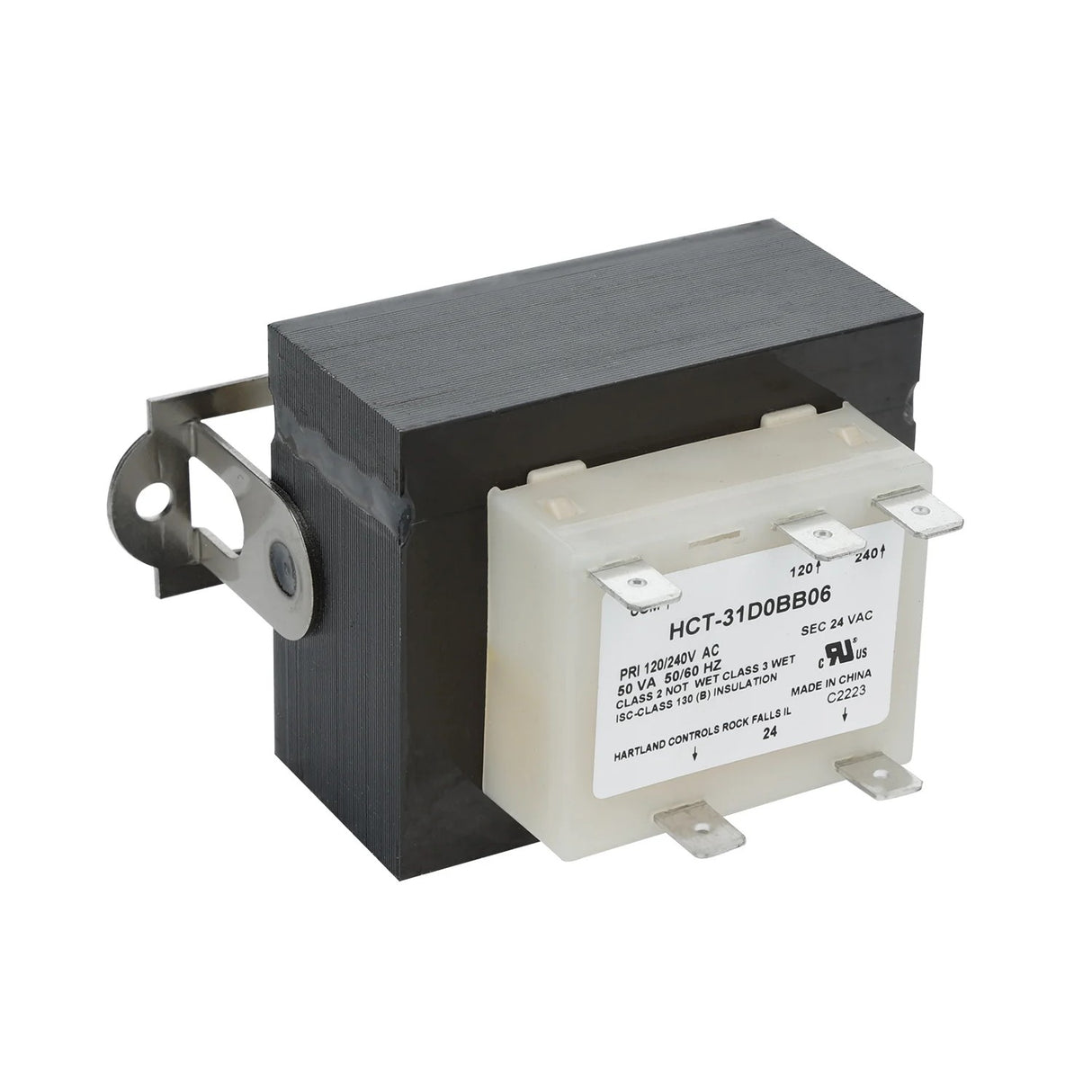 A rectangular Magic Chef transformer with a black, block-shaped metal core and a white plastic terminal block. The terminal features connection prongs, printed specs including 70101001491, and a mounting bracket attached to the side.